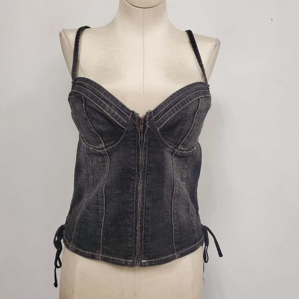 Guess Womens Y2K Denim Zip Front Corset Top Size L Dark Wash V Neck Grunge Goth